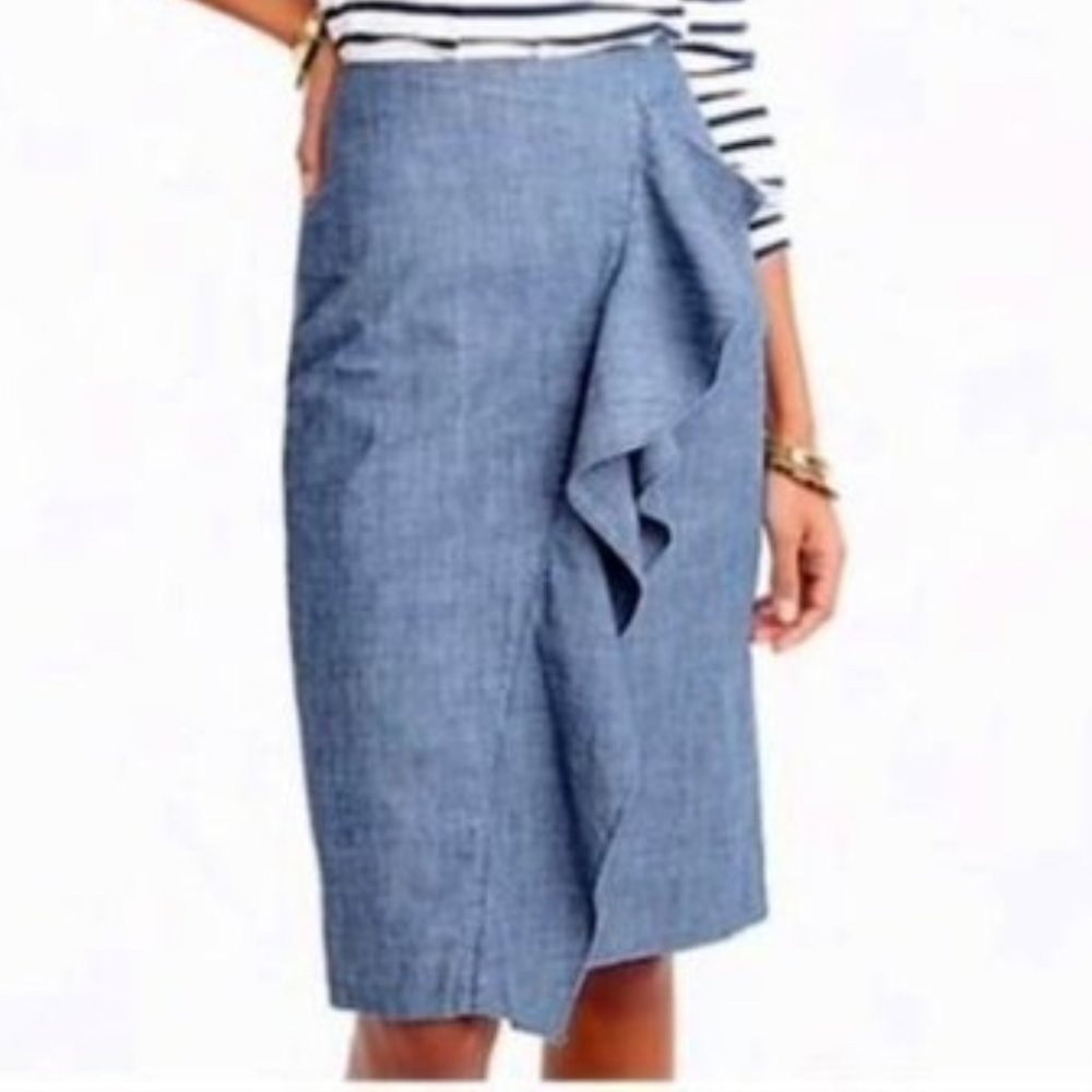 J. Crew Blue Chambray Ruffle Pencil Skirt